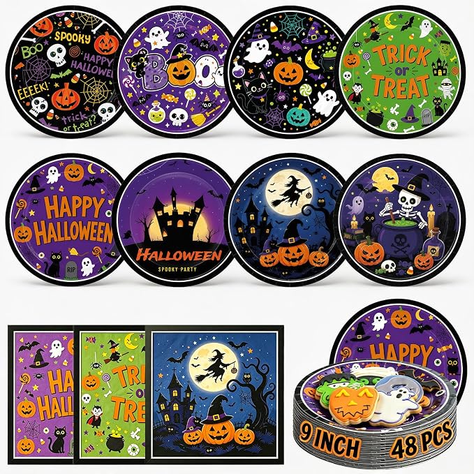 96 pcs Halloween Party Supplies, Disposable Paper Plates and Napkins Set Serves 24 Guests, Spooky Paper Dinnerware with Pumpkin Ghost Bat Design - skull plate