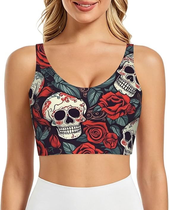 Sugar Skulls and red Roses Women's Sports Bra with Pads High Support Athletic Tank Tops Comfort Racerback Running Bra - skull tank tops