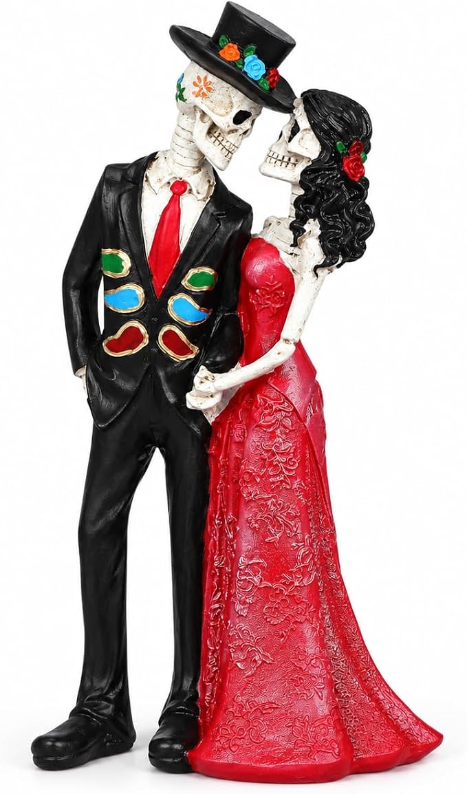 Day Of The Dead Skeleton Couple Figurine Dia De Los Decor Halloween Gothic Wedding Bride And Groom Cake Topper Statue - skull figurine