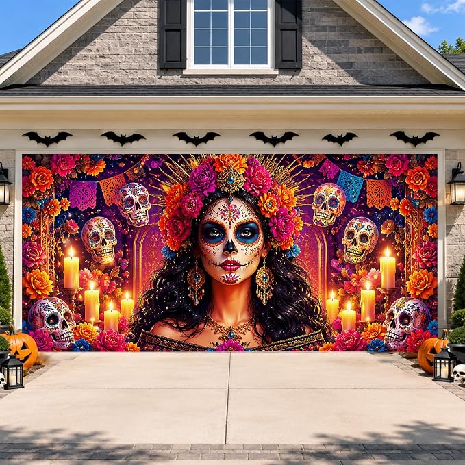 Day of Dead Sugar Skull Halloween Garage Door Banner 6x13FT, Cover Backdrop - skull carpet