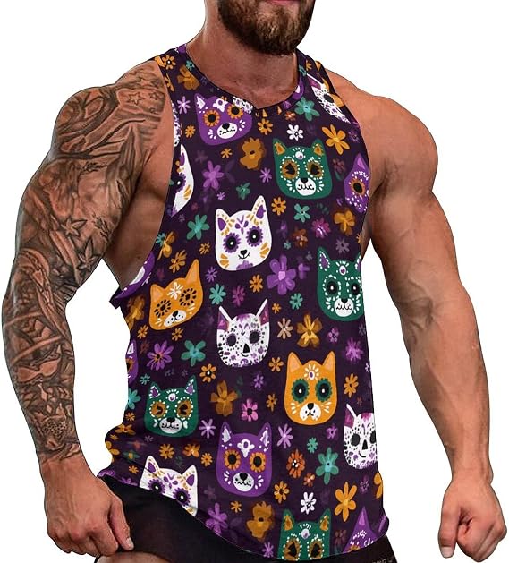 Cute Sugar Skull Cats Novelty Men's Tank Top Muscle Shirt Sleeveless Fitness T-Shirt for Gym Workout - skull tank tops