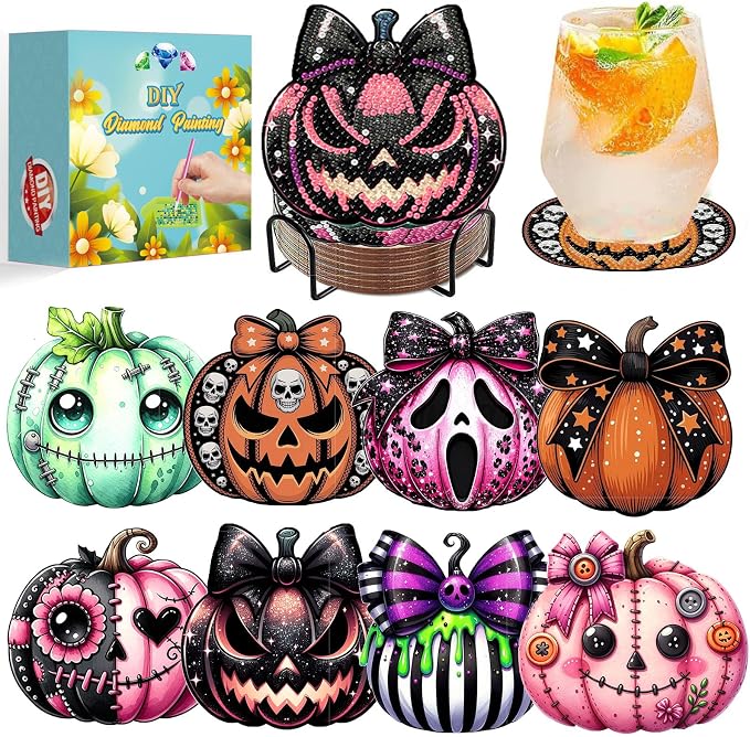 Halloween Diamond Art Coasters Kits, Diamond Painting Coasters with Holder - skull coaster