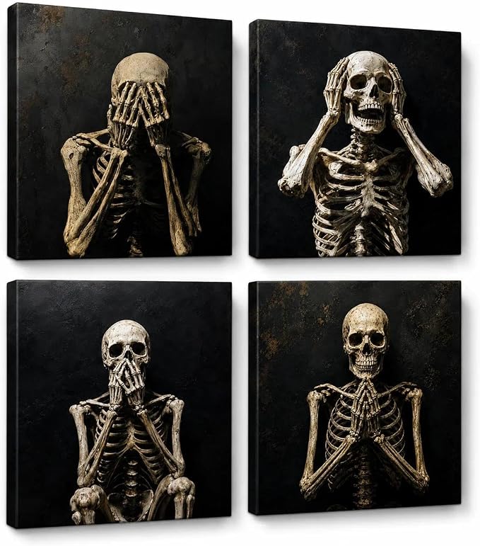 Galmcook Gothic Skeleton Skull Canvas Wall Art Set of 4, 12 x 12 Inch - skull wall art