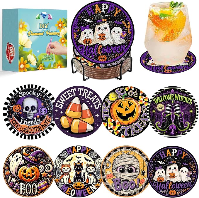 Halloween Diamond Art Coasters Kits, Diamond Painting Coasters with Holder - skull coaster