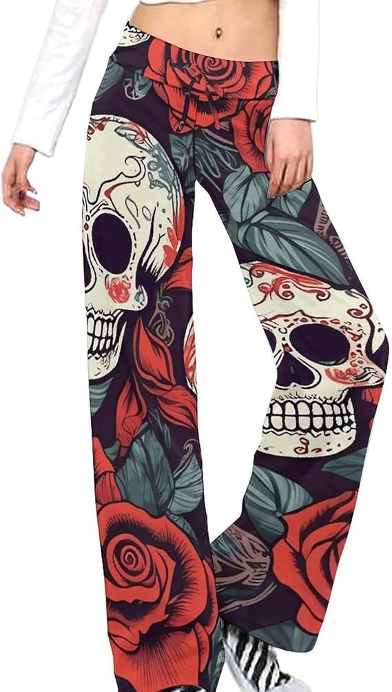 Women's Sugar Skulls and Red Roses Yoga Pants Bootcut Drawstring Wide Leg Pants High Waisted Relaxed Fit Trousers Summer - sugar skull costume