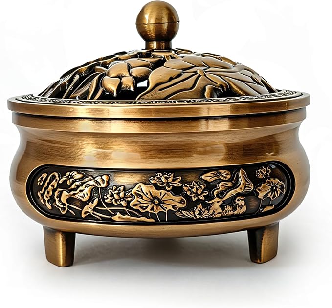 Brass Incense Burner with Lid, 4.23 Inch Wide Mouth 3-Legged Cone Incense Burner, Ideal for Yoga, Meditation, Zen Home Decor, Comes with Fireproof Cotton & Gourd Incense Insert - skull incense burner