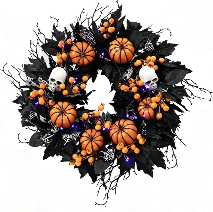 20″ Halloween Wreath for Front Door, Black Gothic Spooky Outdoor Décor