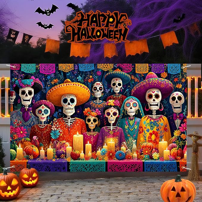 Day of the Dead Halloween Backdrop 71 x 43 Inch, Dia de Los Muertos Party - skull sticker