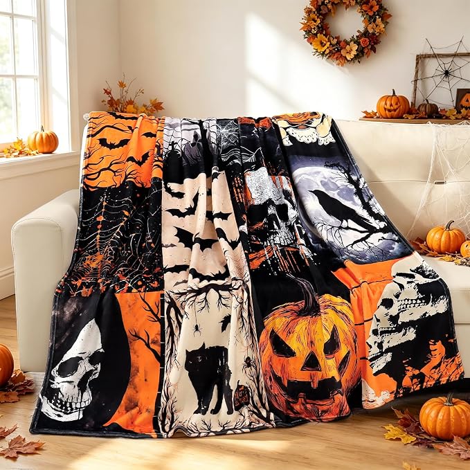 Tupmnbry Halloween Throw Blanket Skull Bat Crow Horror Halloween Theme Blanket Super Soft Flannel Fleece Blankets for Bedding Sofa and Travel 50"X60" - skull bedding