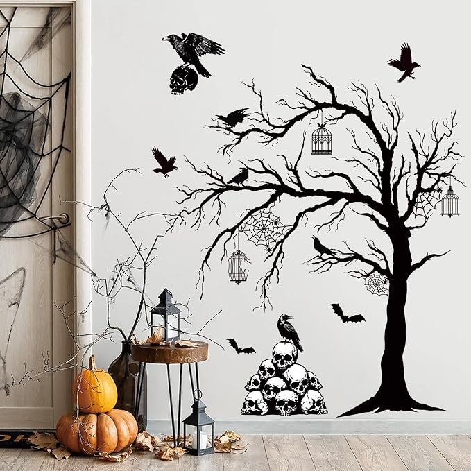 Large Black Tree Wall Decals Halloween Skull Wall Stickers Spooky Crow Sticker Mural Halloween Wallpaper Peel and Stick Wall Art Decals for Bedroom Living Room Holiday Home Decoration