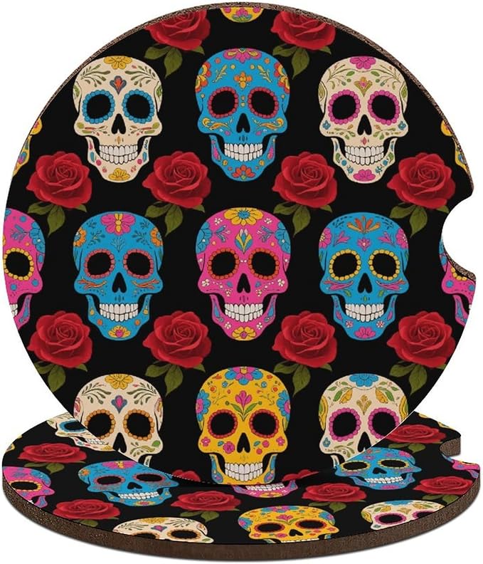 Car Coasters for Cup Holders 2 Pack Sugar Skulls 2.6 Inch Universal Absorbent Cork Car Coasters for Women Men Wood Auto Interior Accessories with Finger Notch for Most Cars Cup Holder - skull coaster