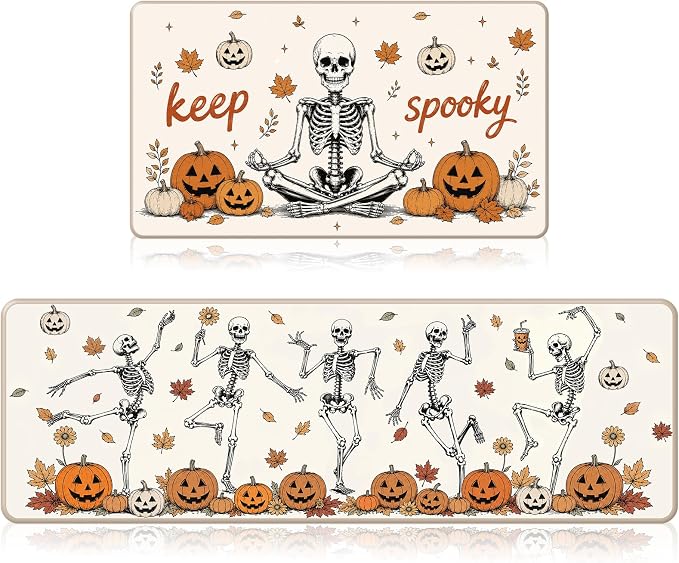 Fall Kitchen Mats Set of 2, Autumn Pumpkin Skull Kitchen Rug - skull floor mat