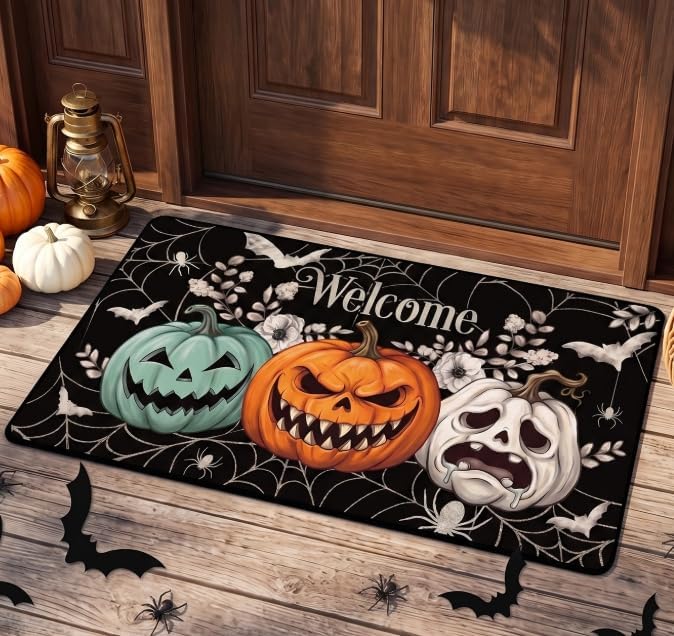 Halloween Welcome Door Mat, Non-Slip Spooky Pumpkin Doormat