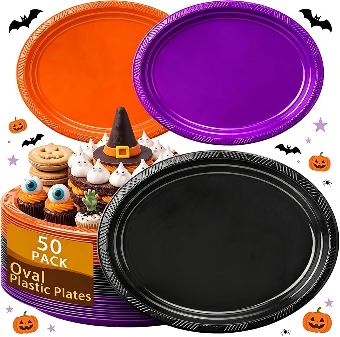 50 Count Oval Halloween Plastic Plates - Purple Orange & Balck Plates - skull plate