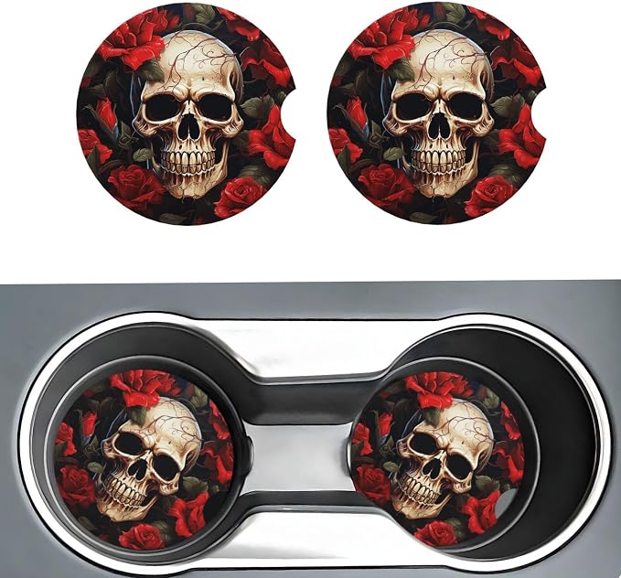 2PCS Ceramics Car Coaster for Cup Holders Universal Auto Cup Mat Skull Rose-Red Cup Coaster Pad 2.56" Non-Slip Porcelain Cup Holder Coasters Car Interior Accessories for Women Men - skull coaster