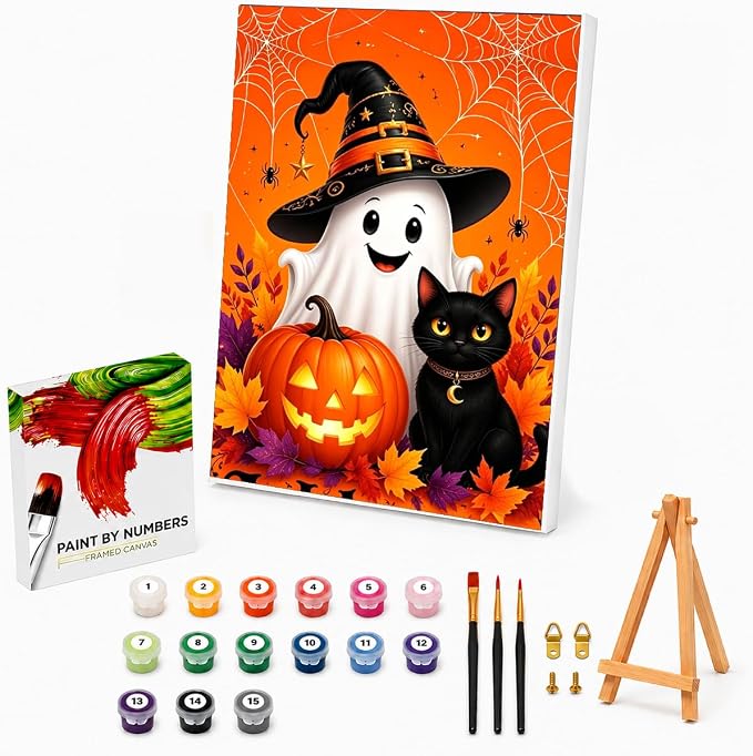 Halloween Paint by Numbers Kit for Kids with Frame Easel Ghost 8x12 inch - skull painting