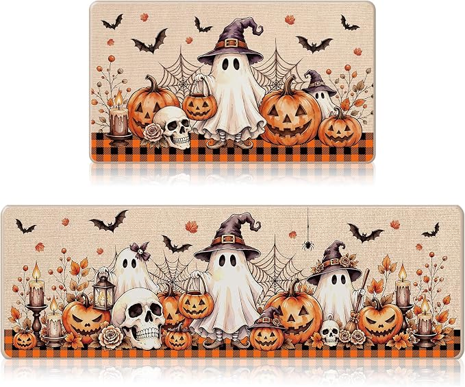 Halloween Kitchen Mats Set of 2, Pumpkin Ghost Skull Kitchen Rugs - skull floor mat