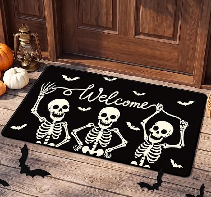 Halloween Welcome Door Mat, Non-Slip Funny Skeleton Doormat - skull floor mat