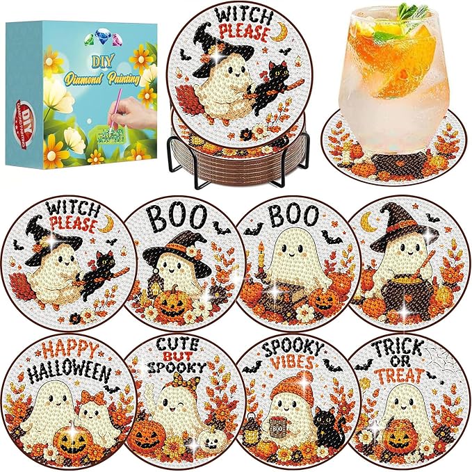 8 PCS Halloween Diamond Art Coasters Kit with Holder & Gift Box 4x4 inch - skull coaster