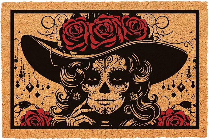Funny Coir Doormat – Sugar Skull Flowers – Welcome Mat for Front Porch Decor Personalized Rug with Heavy-Duty Backing, Non-Slip Outdoor Coir – 23.6 x 15.7 inch