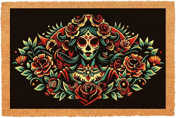 Funny Coir Doormat – Skull Gothic Floral – Welcome Mat for Front Porch Decor Personalized Rug with Heavy-Duty Backing, Non-Slip Outdoor Coir – 23.6 x 15.7 inch