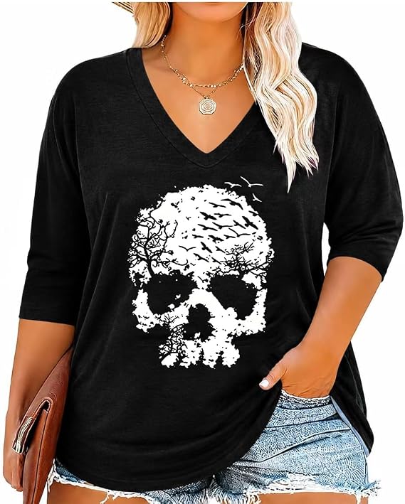 Butovek Womens Plus Size Fall Halloween V Neck Shirt - skull tshirt