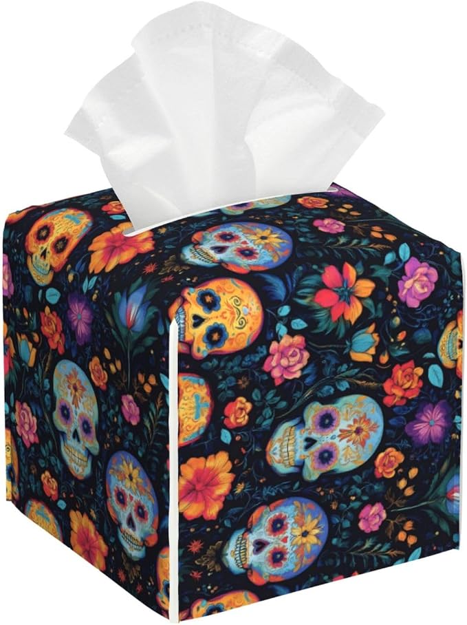 Boho Style Skull Print Tissue Box Cover Square Modern Decorative Tissue Box Holder, Cute Leather Box Cover Car Tissue Holder for Bathroom, Night Stands, Desk, Office Decor - skull toilet paper