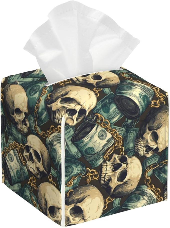 Gold Chain Skull Print Tissue Box Cover Square Modern Decorative Tissue Box Holder, Cute Leather Box Cover Car Tissue Holder for Bathroom, Night Stands, Desk, Office Decor - skull toilet paper
