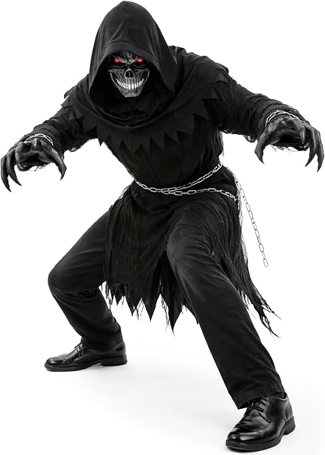 Grim Reaper Costume for Men - Hooded Black Robe with Chains & Light-Up Skull Mask for Halloween Party - sugar skull costume