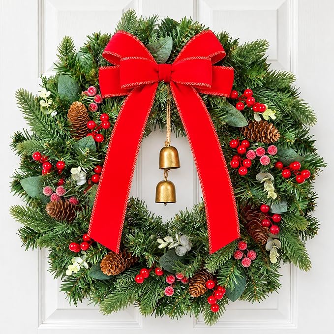 20" Christmas Wreaths for Front Door with Bow Bell, Real Touch Pine Wreath - skull wreath