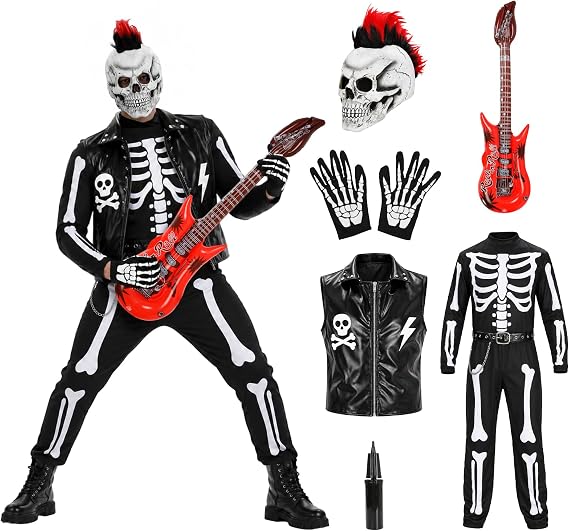 Men's Skeleton Rocker Costume Adult Punk Skull Costume with Accessories for Halloween Cosplay Party - skull inflatable