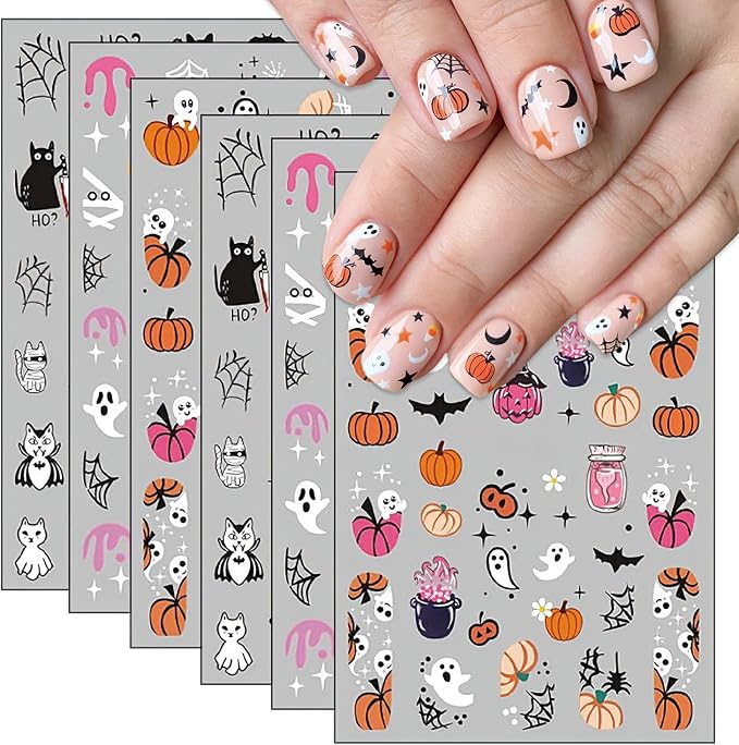 6 Sheet Halloween Nail Stickers Pumpkin Ghost Nails Sticker - skull sticker