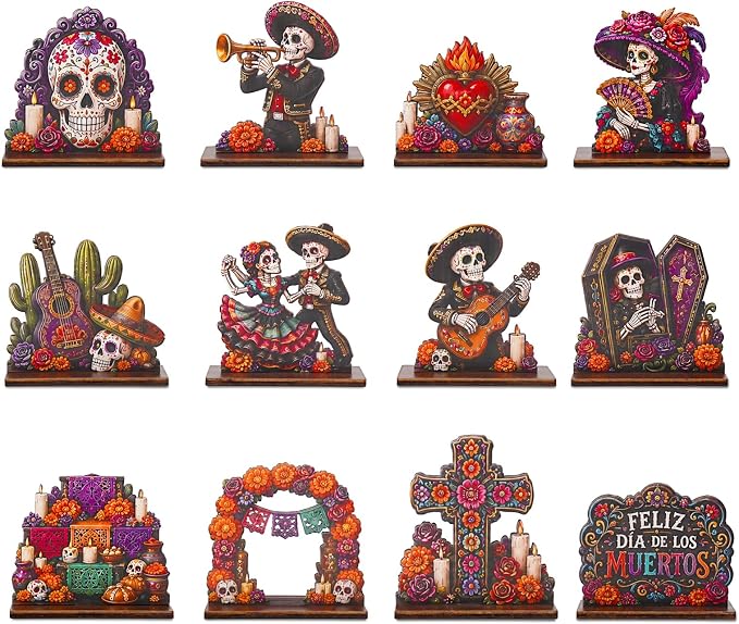 Day of the Dead Decorations, Wooden Sugar Skull Table Centerpieces Decor - skull figurine