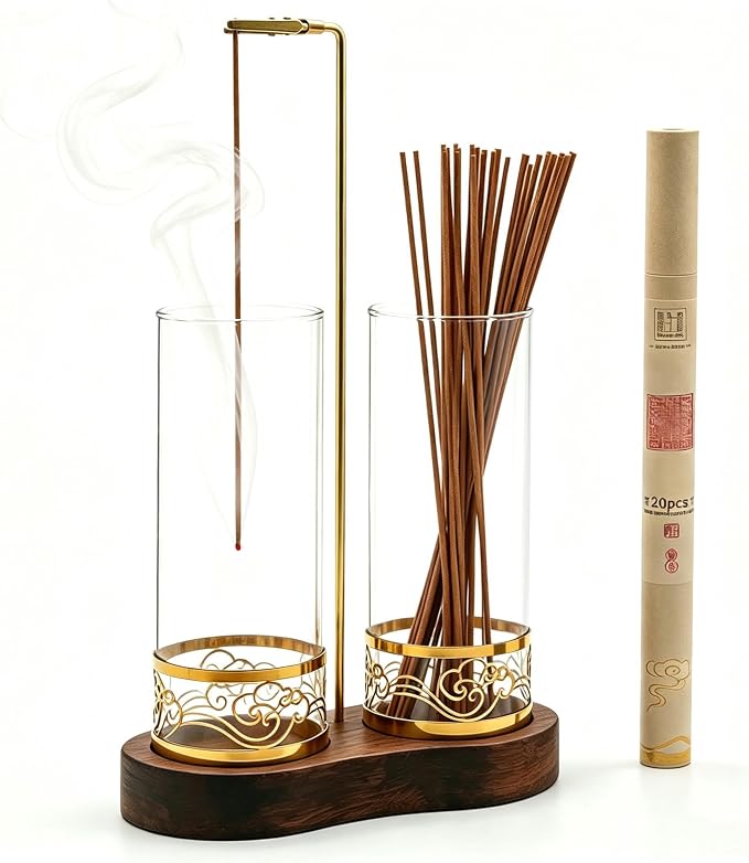 2 in 1 Incense Holder Set, Anti-Tip Burner Glass Ash Catcher with 20 Sticks - skull incense burner