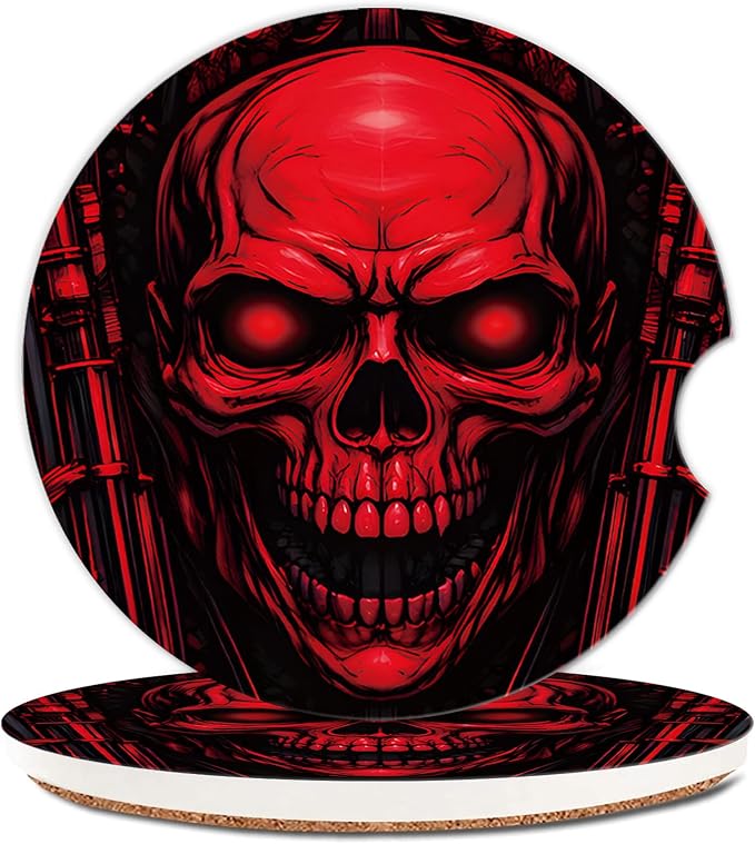 Ceramic Cup Holders Car Coasters for Women/Men,Fashion Absorbent Drink Cup Car Holder Coasters with A Finger Notch 2.56" Pack of 2,Red Skull - skull coaster