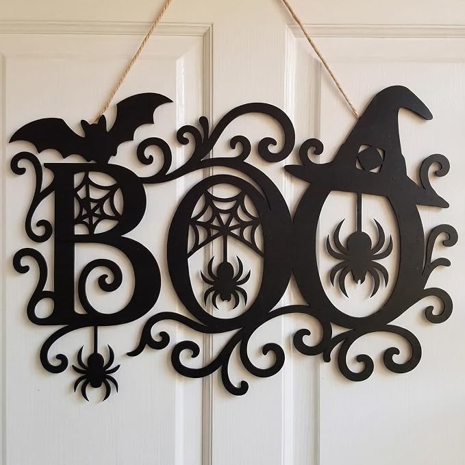 MorningRo 13 Inch Halloween Boo Metal Door Hanger Sign with Bat Spider Web - skull wreath