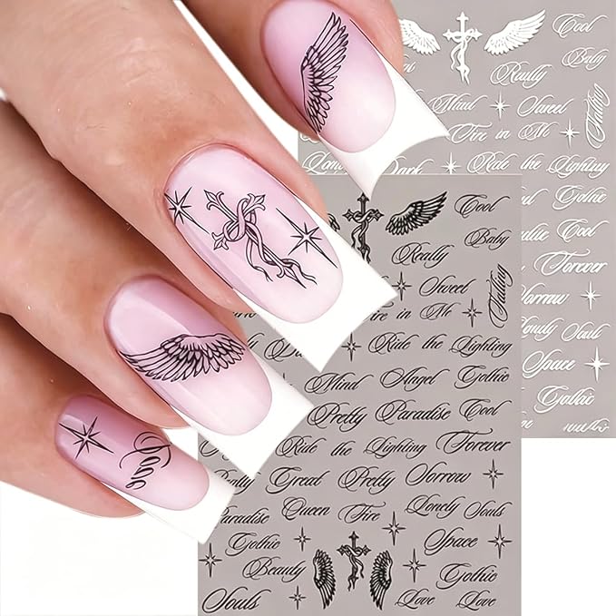 Black White Gothic Italics English Letters Nail Art Stickers, Gothic English Letters Nail Decals 3D Self Adhesive Angel Wings Cross Stars Design 2Pcs Nail Art Supplies for Women Girls Nail Decoration - skull sticker