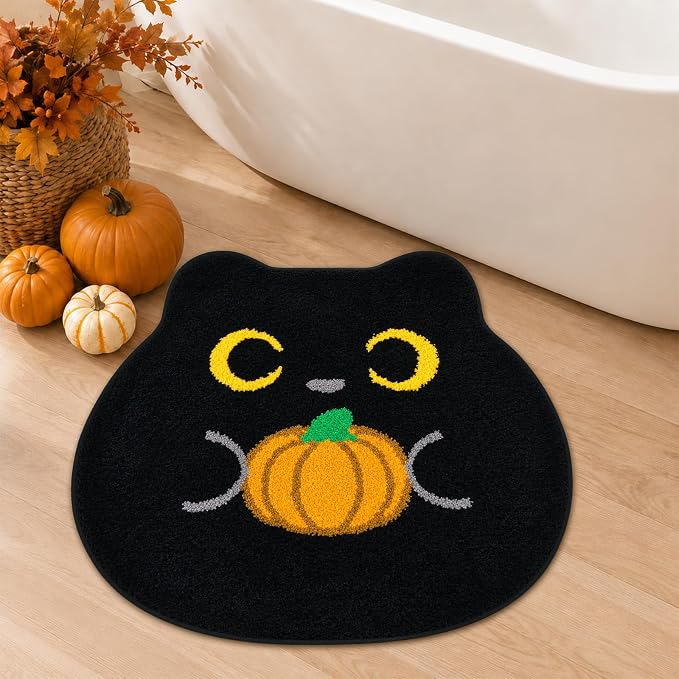 Black Cat Fall Bathroom Rug,Cat Holding a Pumpkin Rug 24" x 20" - skull toilet mat