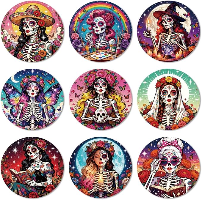ANATTASOUL Day of the Dead Sugar Skull Wooden Coasters Set of 9 Bulk(3.9") - skull candle
