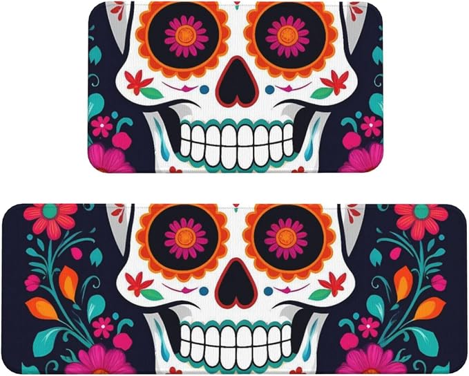Dead Day Party for Absorbent Kitchen Mat Set, Non Slip Rugs for Bathroom & Dining - skull toilet mat