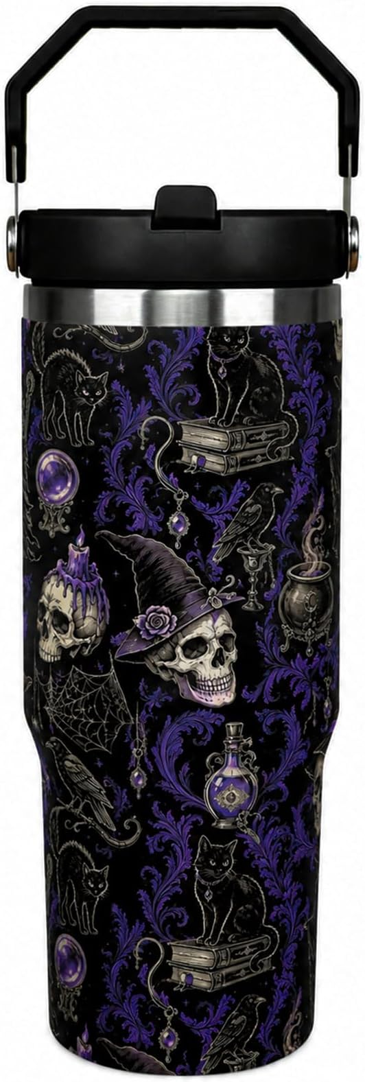 30oz Halloween Tumbler with Handle and Straw, Retro Witch Skull Black Cat Stainless Steel Vacuum Insulated Travel Coffee Mug Cup Water Bottle, Spooky Decor Stuff Gifts for Women - skull bottle
