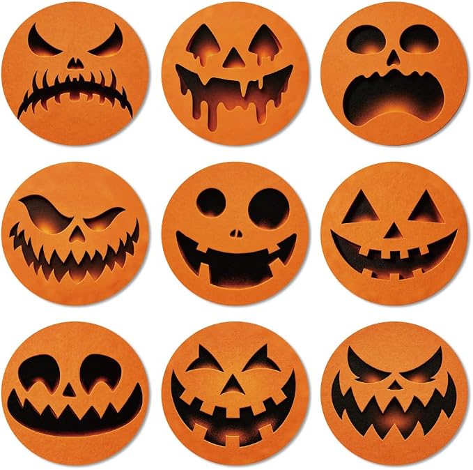 ANATTASOUL Halloween Pumpkin Wooden Coasters Set of 9 Bulk(3.9") - skull coaster