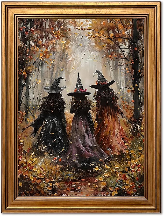 Vintage Gold Framed Halloween Canvas Wall Art, Gothic Witch Wall Decor Paintings, Dark Academia Spooky Fall Forest Pictures Prints Witchy Home Decor for Living Room Bedroom Bathroom 12x16 Inch - skull wall art