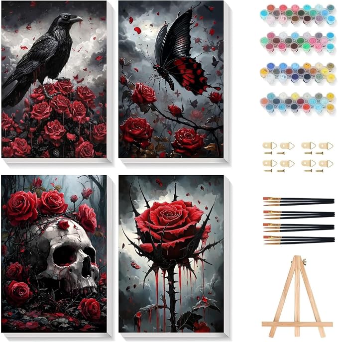 Gemozaic 4 Pack Halloween Paint by Numbers Kit for Adults, 8 x 12 Inch - skull painting