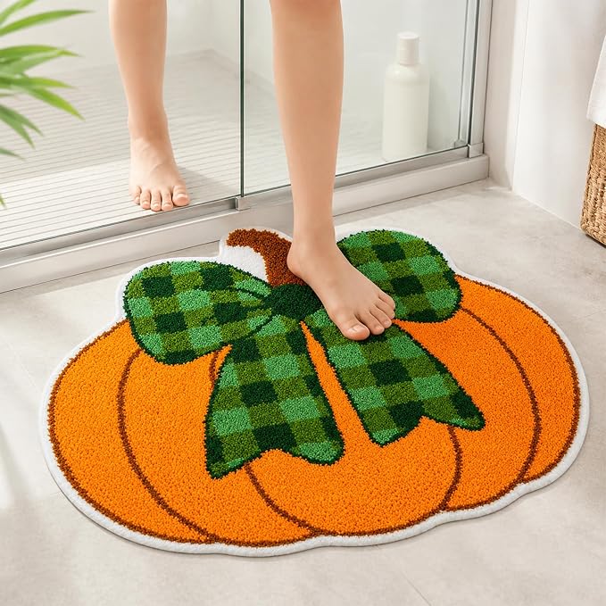 Fall Bathroom Rug, Pumpkin Bath Mat with Green Buffalo Plaid Bow, Soft Absorbent Non-Slip Bath Rug for Bathroom, Cute Autumn Thanksgiving Halloween Decor