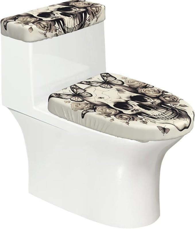 Toilet Lid and Tank Covers Set of 2, Vintage Gothic Skull Butterfly Rose Washable Reusable Stretch Toilet Lid Cover for Bathroom Office Home Decor - skull toilet mat