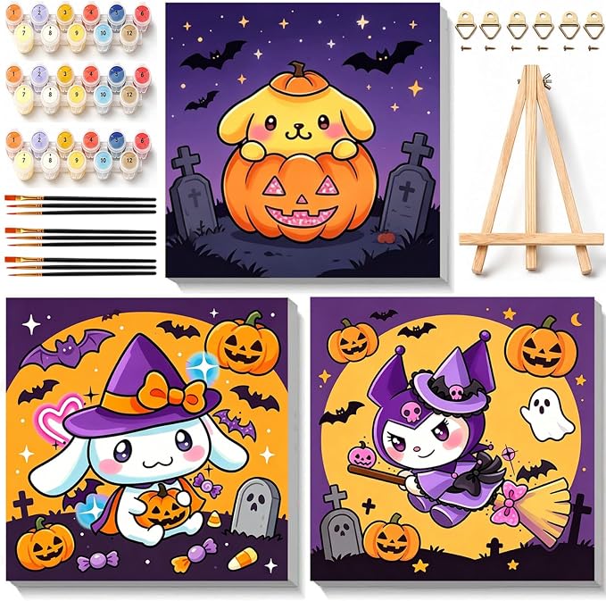 3 Pack Halloween Paint by Numbers Kit for Kids with Frame - Wooden Easel - skull painting