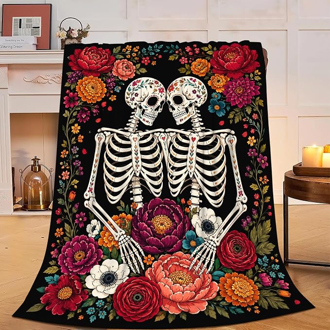 Mexican Skull Throw Blanket Day of the Dead Fleece Flannel Gifts 50"x40" - skull blanket