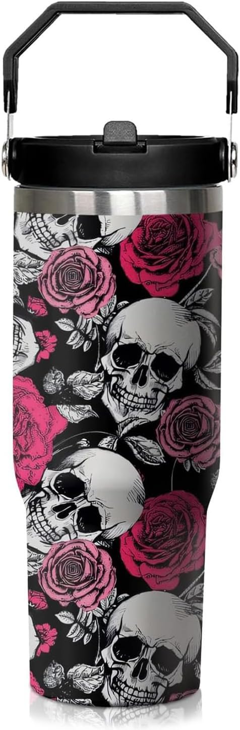 30oz Skull Tumbler with Handle and Flip Straw,Skeleton Gothic Floral Insulated Stainless Steel Cup with Lid,Horror Travel Coffee Mug Water Bottle, Birthday Halloween Gifts for Women Men
