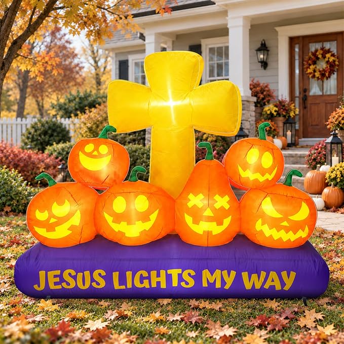 6.3Ft Halloween Inflatable Cross with Pumpkins LED Christian Decoration - skull inflatable